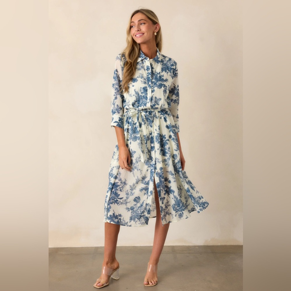 Aakaa Cotton Blue Floral Midi Dress, Size Large